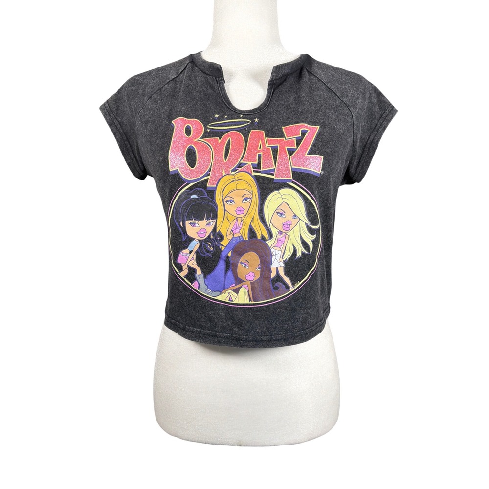 Bratz Graphic Crop Top Freeze T-Shirt Womens L Black Mineral Wash Freeze